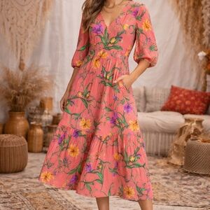 Anthropologie Pink and Yellow Floral Midi Dress
